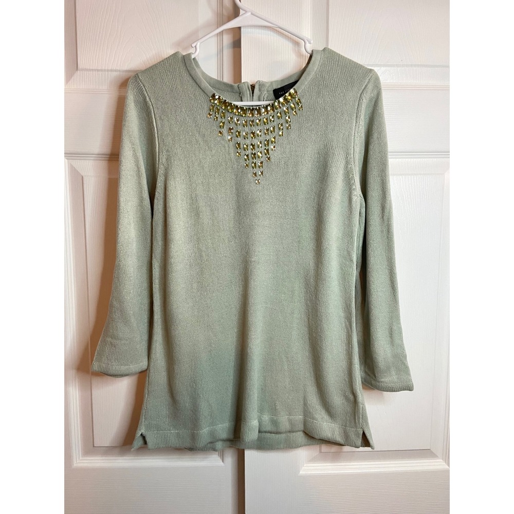 The Limited Sage Green Jeweled Neckline Sweater 3/4 Sleeve Back Zip Size M
